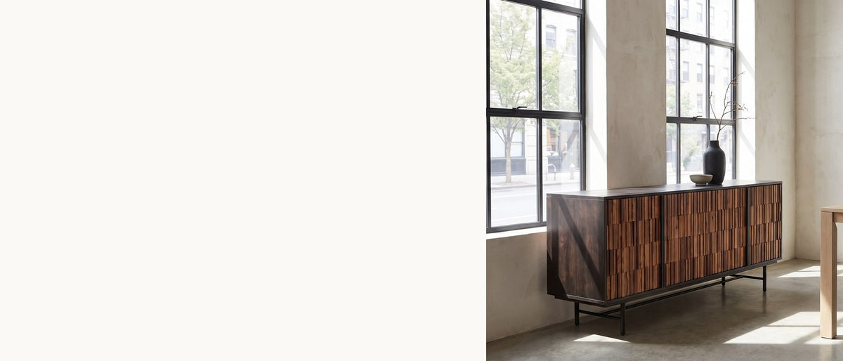 Warm wood, dark frame. - Simeri 68.5-Inch 4-Door Solid Sheesham and Mango Wood Sideboard with Iron Base