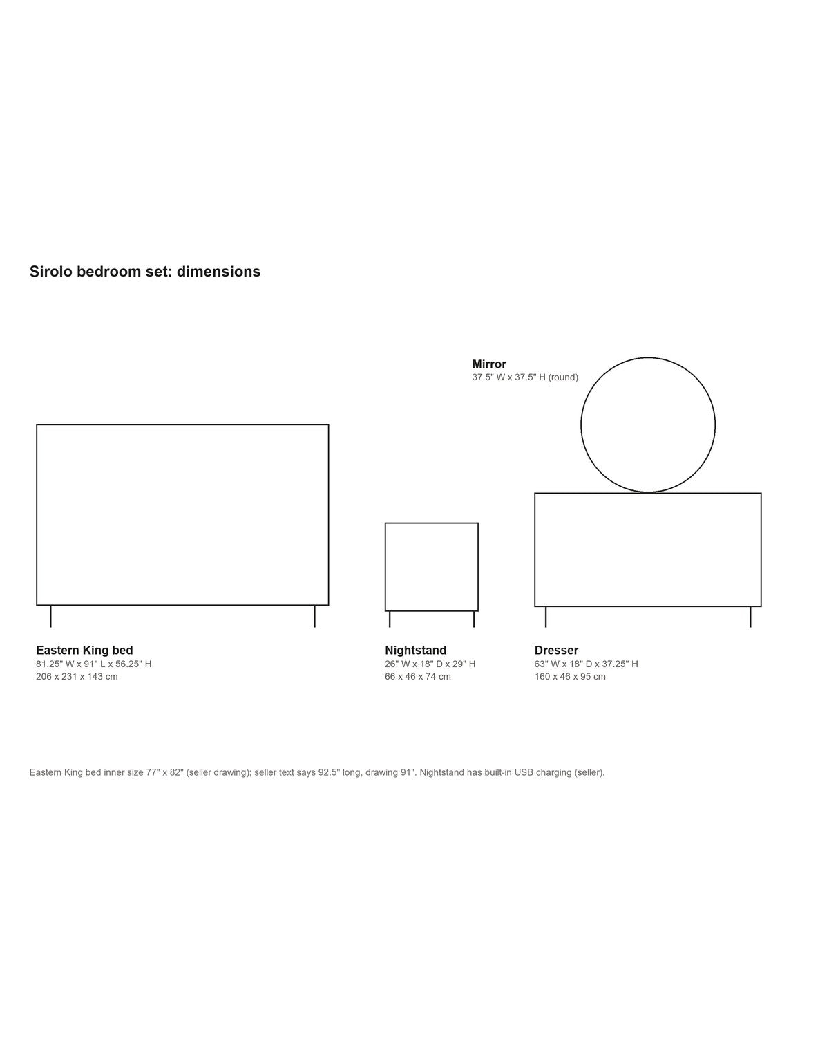 Sirolo Sand Wash and Cream Upholstered Bedroom Set dimensions