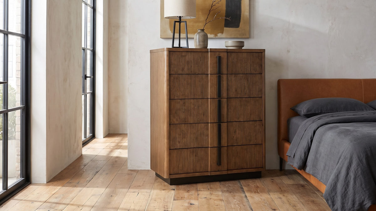Warm reeds, black detail. - Soave 40-Inch Ash Brown Reeded 5-Drawer Chest
