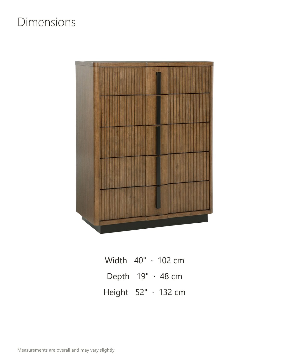 Soave 40-Inch Ash Brown Reeded 5-Drawer Chest dimensions: 40 in wide, 19 in deep, 52 in high