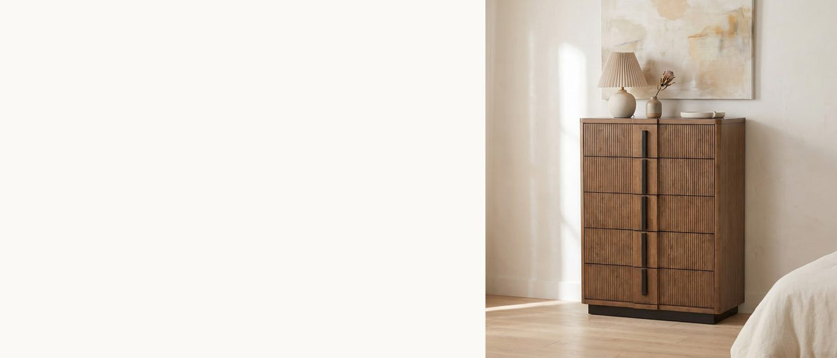 Reeded ash brown, one dark line. - Soave 40-Inch Ash Brown Reeded 5-Drawer Chest