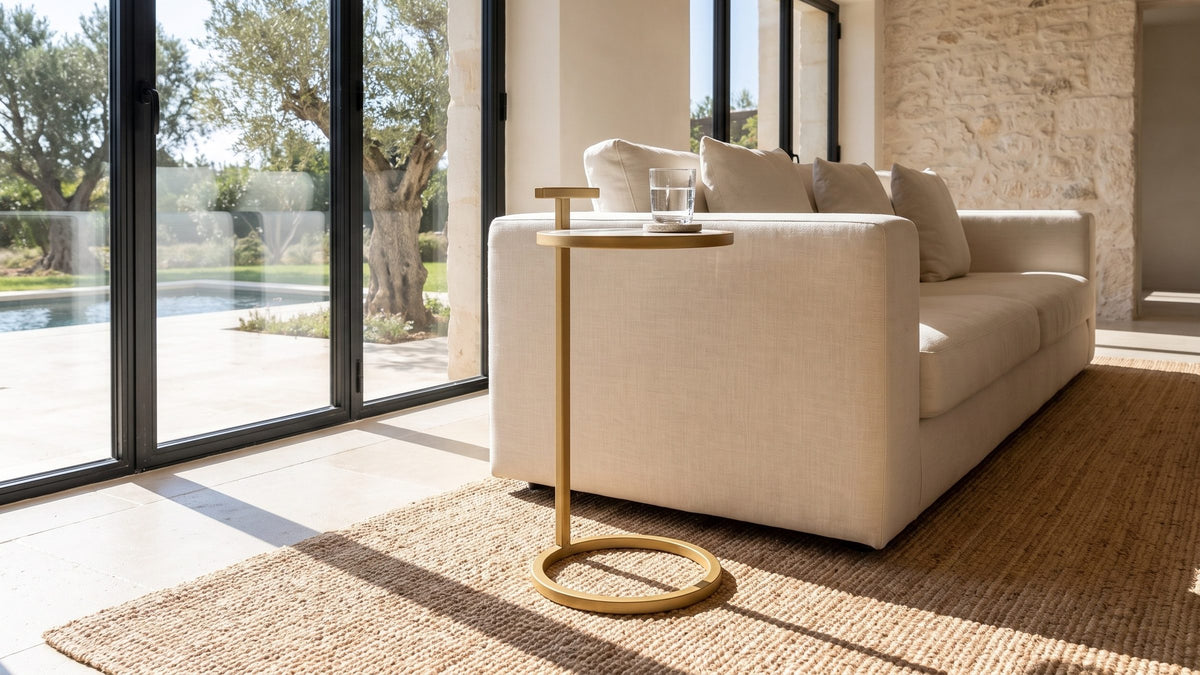 Gold lines, a white top. - Soleto White Marble Ring-Base Side Table