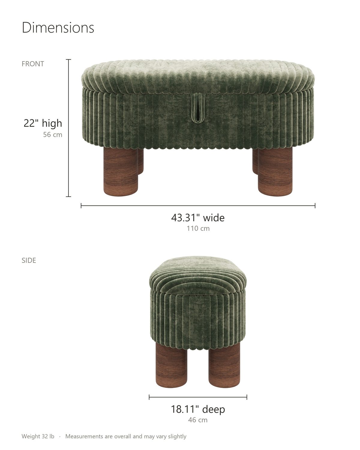Sorrento Storage Bench dimensions: 43.31 in wide, 18.11 in deep, 22 in high
