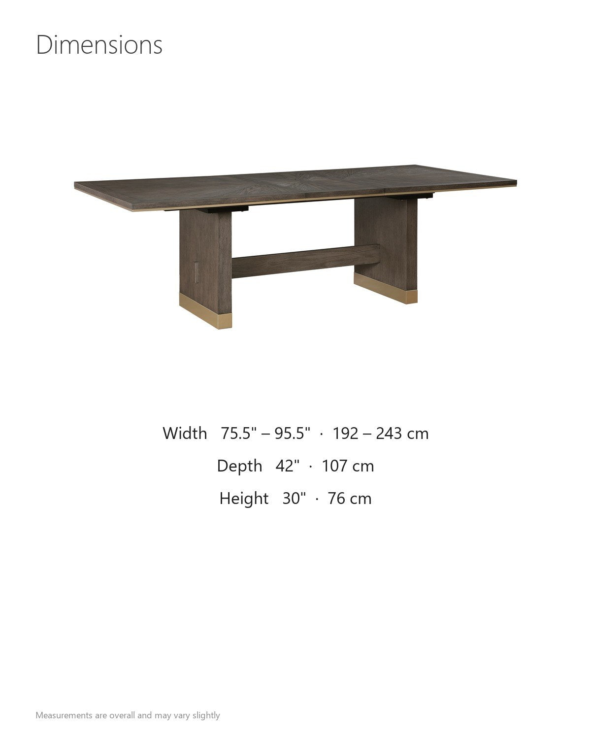 Soverato 75.5-95.5-Inch Extendable Rectangular Sunburst Oak Veneer Dining Table dimensions
