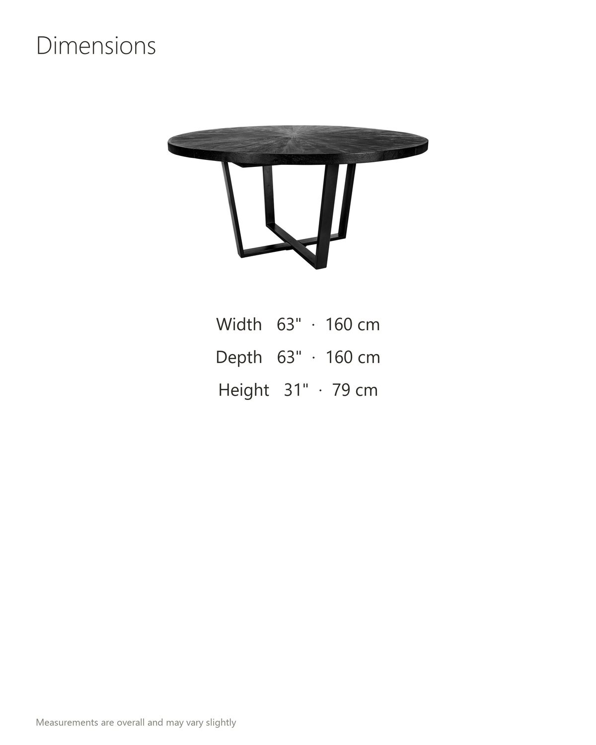 Soveria 63-Inch Round Black Acacia Sunburst Dining Table dimensions: 63 in across and 31 in high