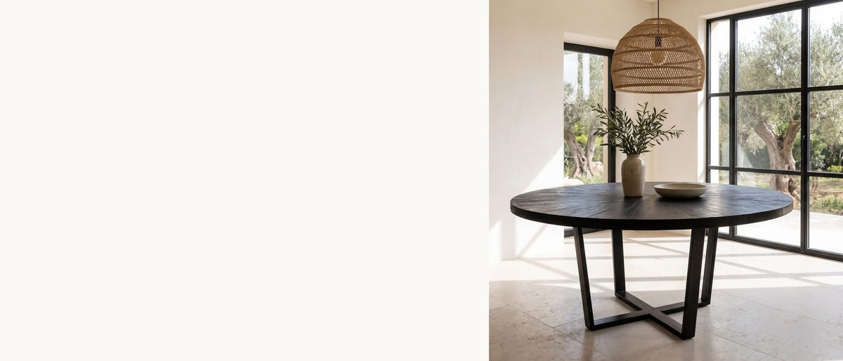 A sunburst in black acacia. - Soveria 63-Inch Round Black Acacia Sunburst Dining Table