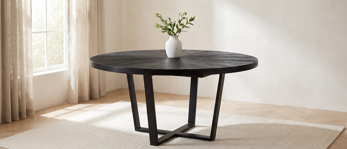 Soveria 63-Inch Round Black Acacia Sunburst Dining Table in the room