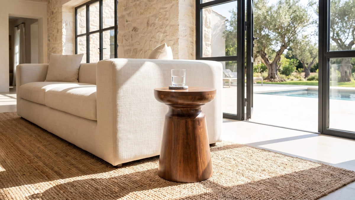 Warm wood, one turned shape. - Specchia Brown Mango Cone Pedestal Side Table