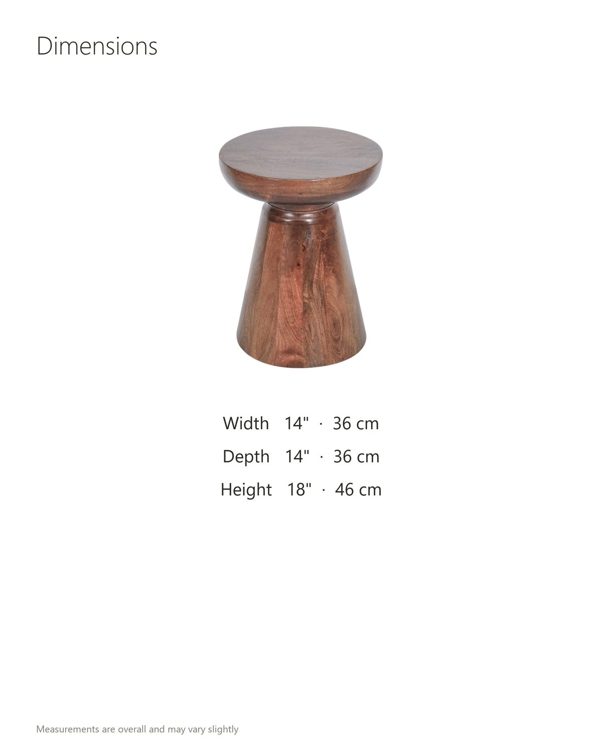 Specchia Brown Mango Cone Pedestal Side Table dimensions: 14 in wide, 14 in deep, 18 in high