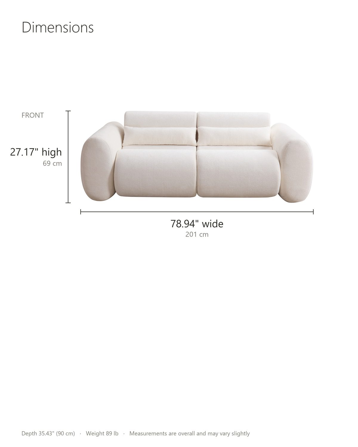 Spello Cloud Sofa dimensions: 78.94 in wide, 35.43 in deep, 27.17 in high