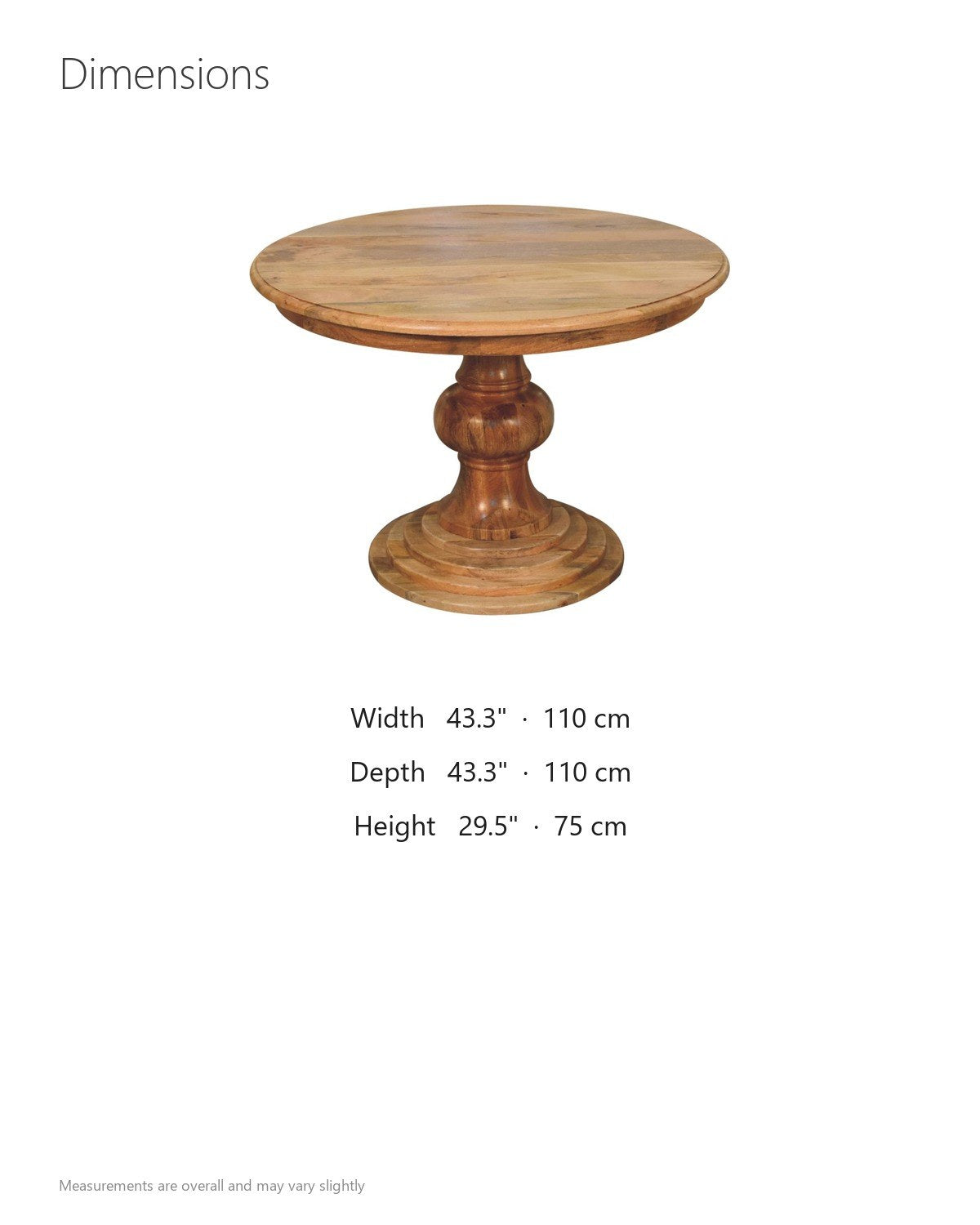 Spezzano 43-Inch Round Solid Mango Pedestal Dining Table dimensions