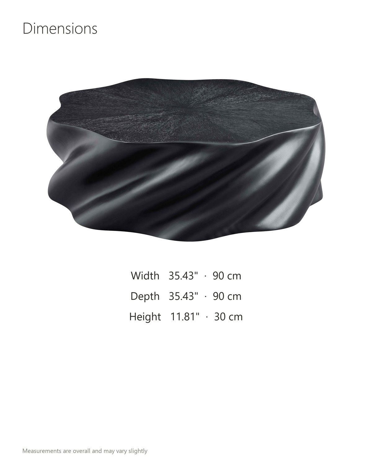 Spilimbergo Black Fiberglass Twisted Petal Coffee Table dimensions: 35.43 in wide, 35.43 in deep, 11.81 in high