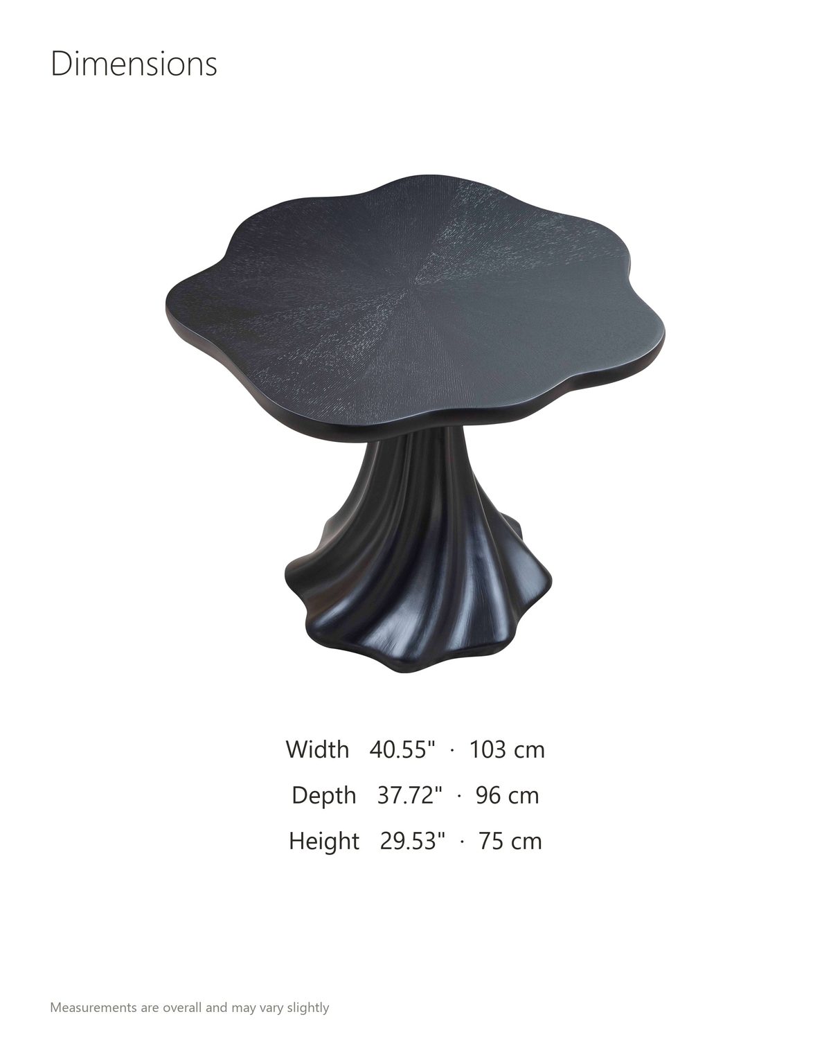 Spilimbergo Black Fiberglass Twisted Petal Pedestal Dining Table dimensions: 40.55 in by 37.72 in across the top and 29.53 in high; top 2.56 in thick; foot 22.64 in across