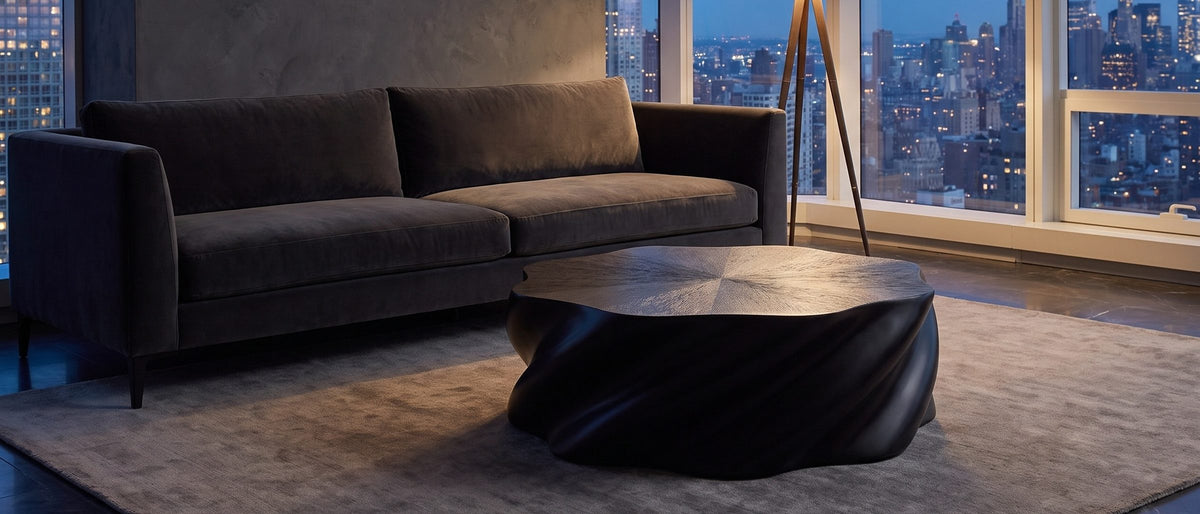 Spilimbergo Black Fiberglass Twisted Petal Coffee Table in the room