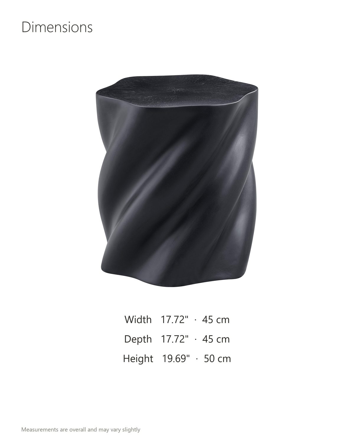 Spilimbergo Black Fiberglass Twisted Petal Side Table dimensions: 17.72 in wide, 17.72 in deep, 19.69 in high