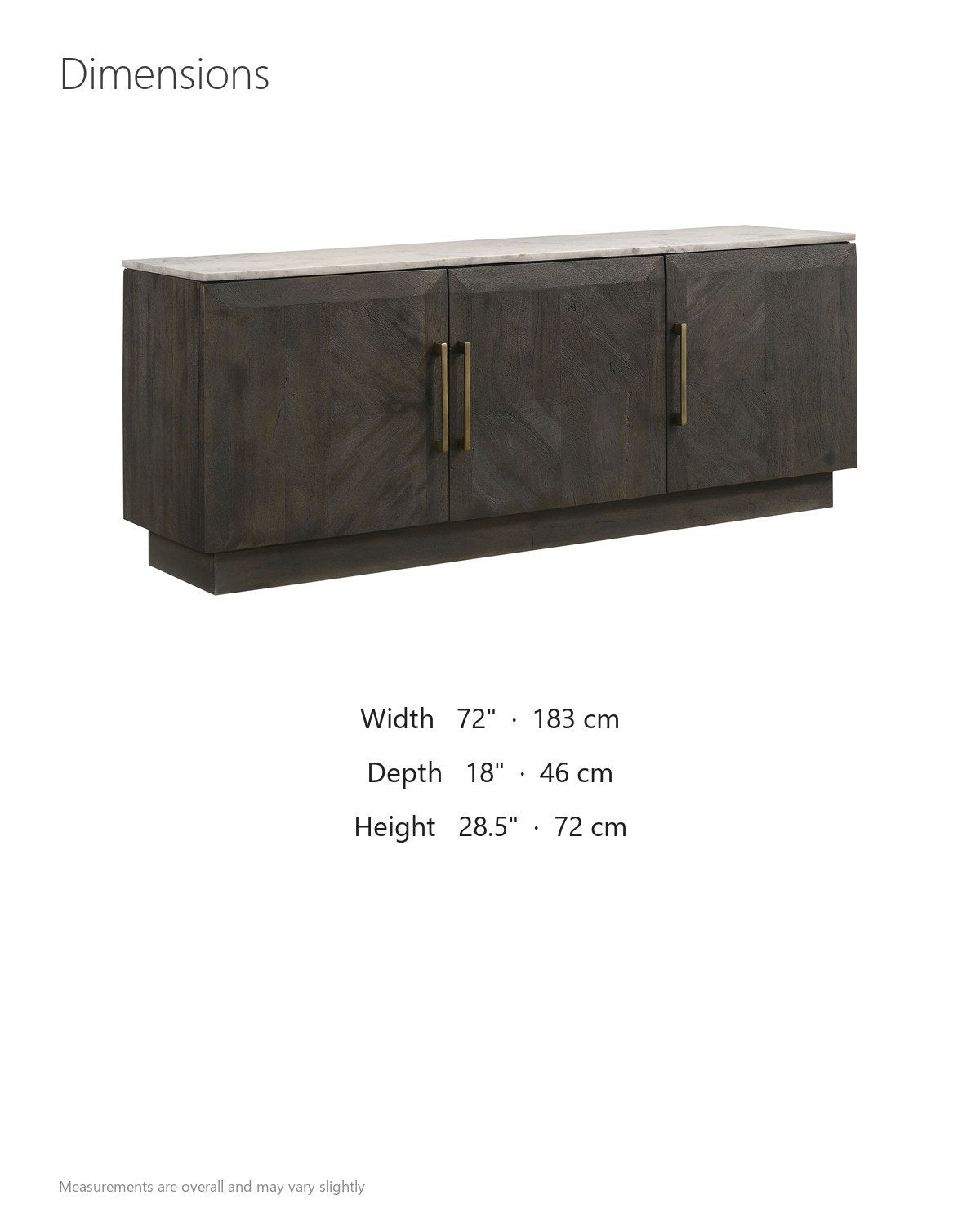 Spilinga 72-Inch 3-Door Marble-Top Sideboard, Tobacco Grey Mango Parquetry dimensions