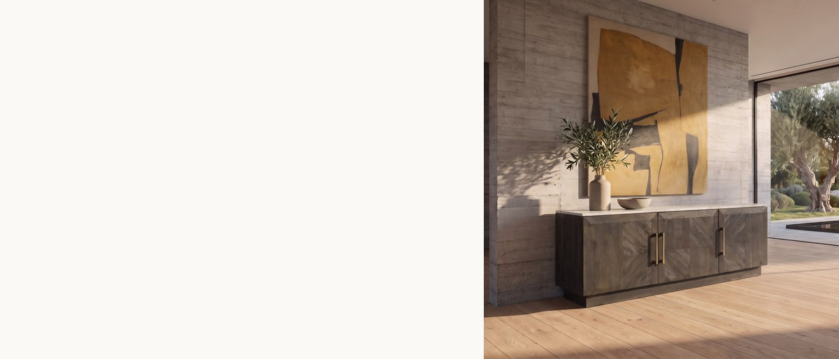 Dark wood, pale stone. - Spilinga 72-Inch 3-Door Marble-Top Sideboard, Tobacco Grey Mango Parquetry