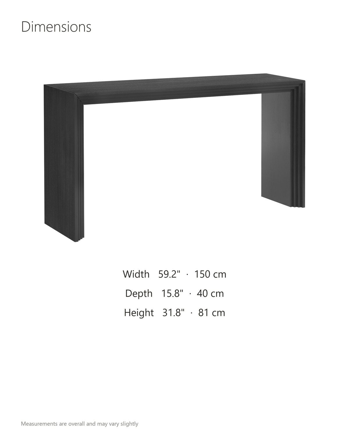 Spinazzola Black Paulownia Waterfall Console Table dimensions: 59.2 in wide, 15.8 in deep, 31.8 in high