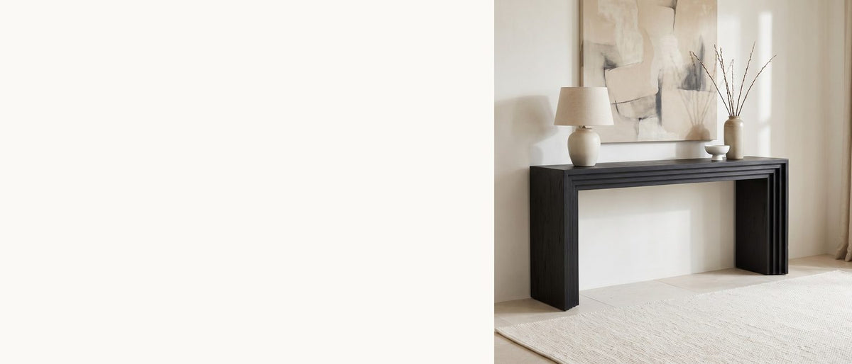 Black, stepped four times. - Spinazzola Black Paulownia Waterfall Console Table
