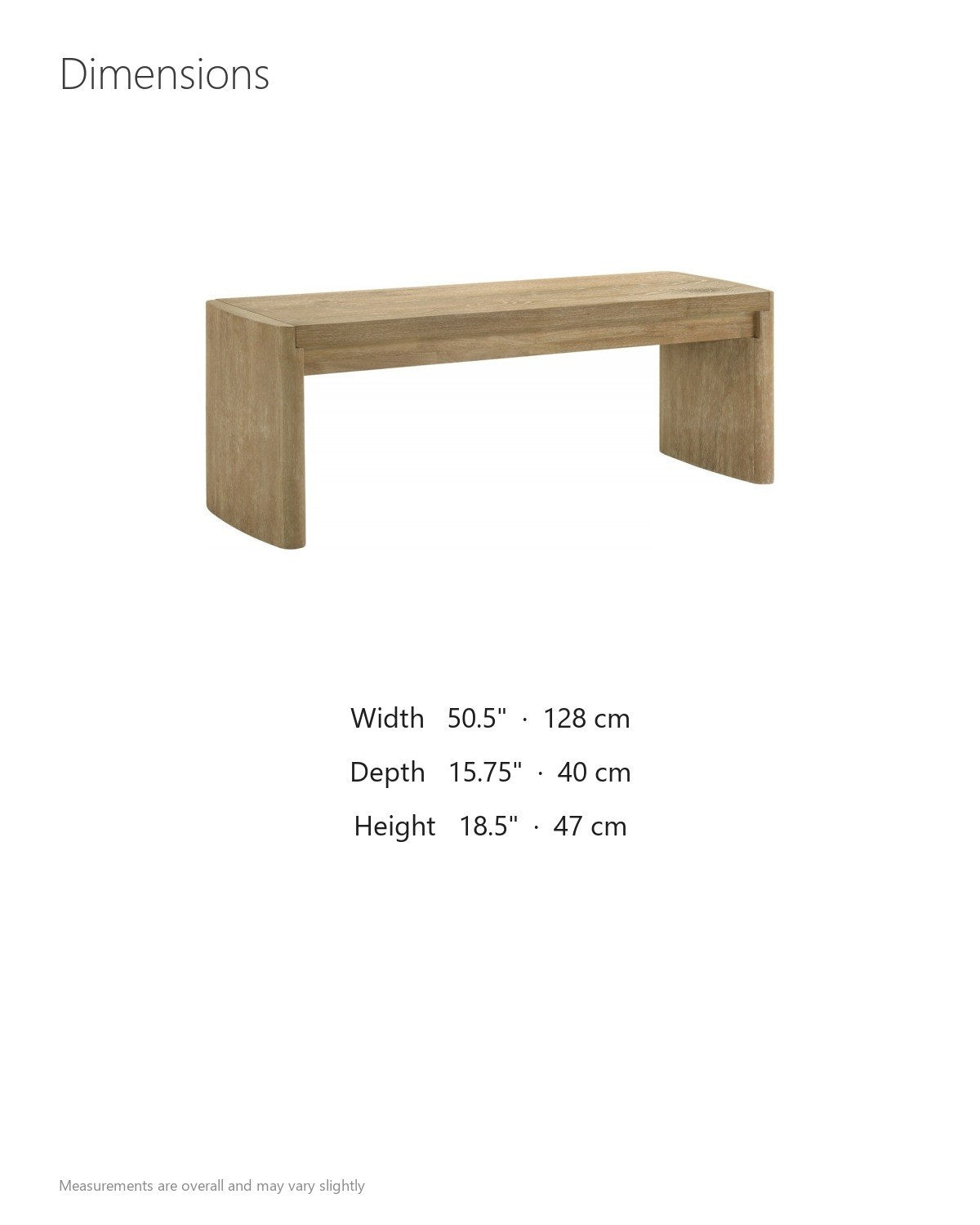 Staiti 50.5-Inch Cerused Oak Veneer Panel-Leg Dining Bench, Seats 2 dimensions