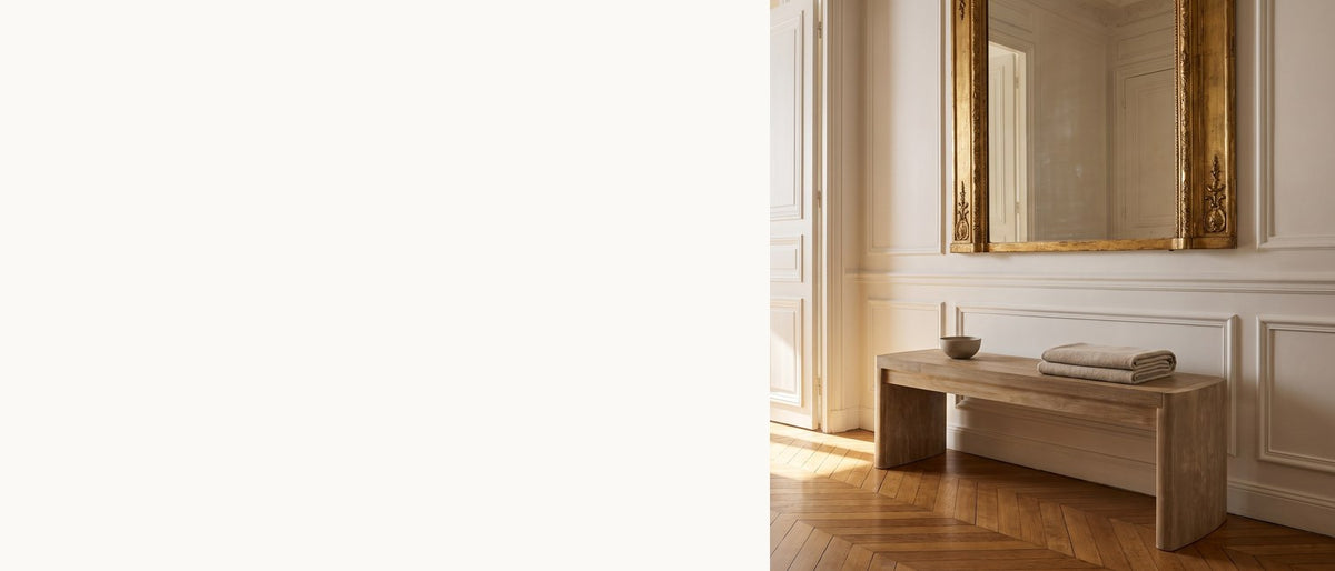 One long line, softened. - Staiti 50.5-Inch Cerused Oak Veneer Panel-Leg Dining Bench, Seats 2