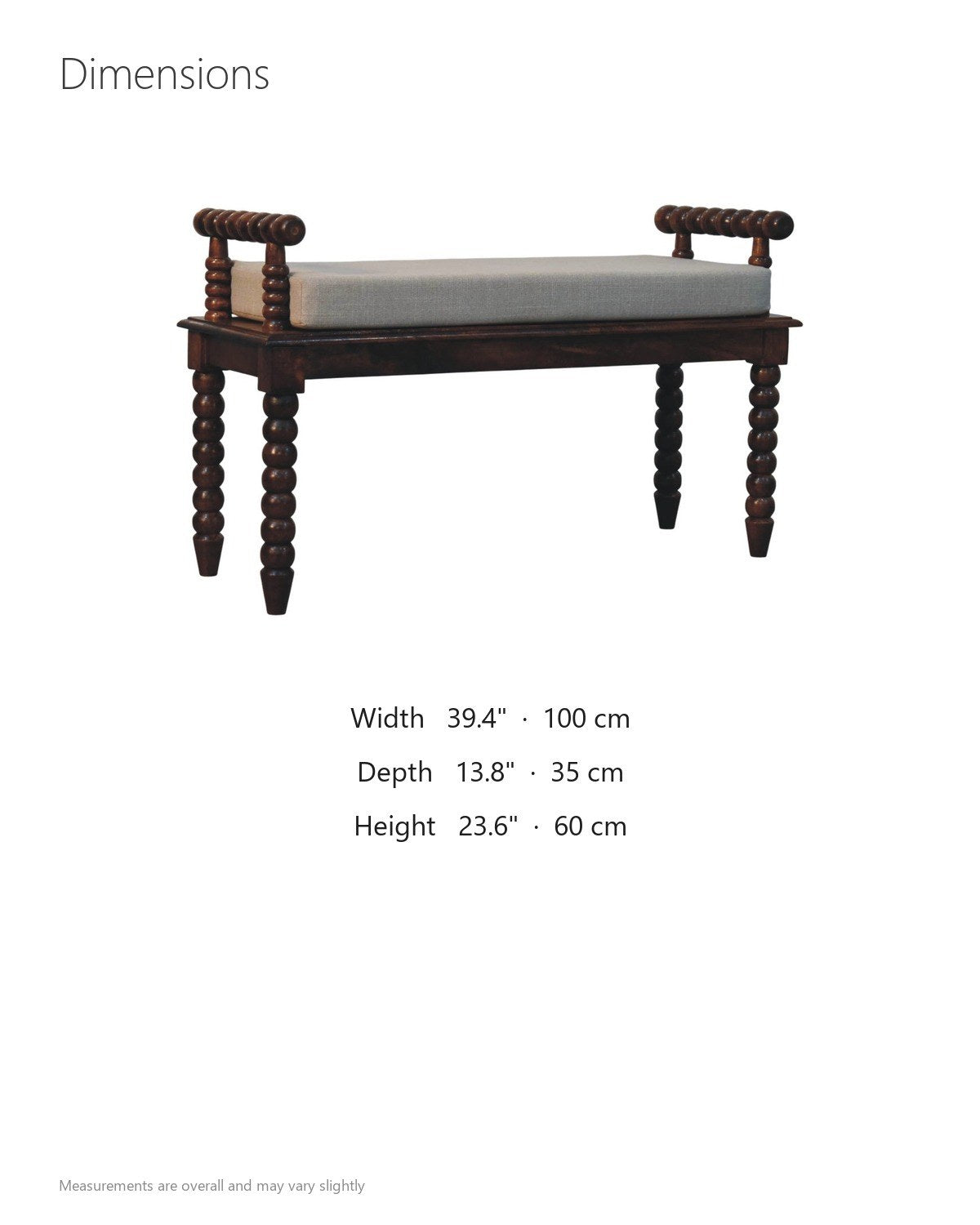 Stefanaconi 39.4-Inch Bobbin-Turned Solid Mango Wood Bench with Cushion dimensions