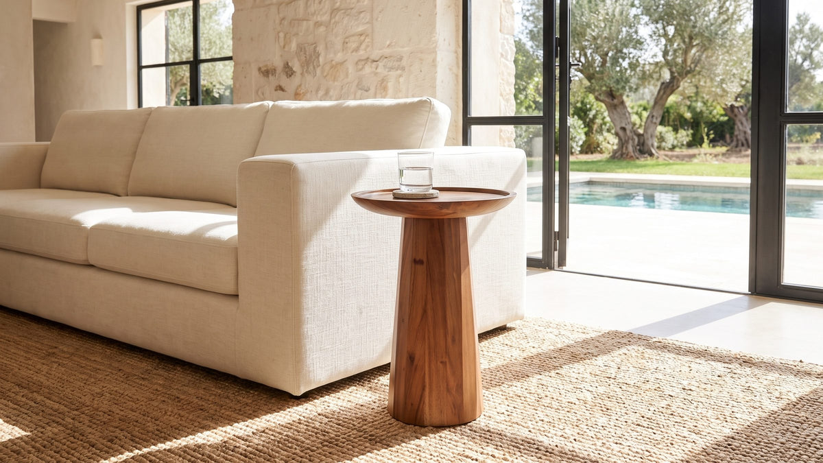 A small table, warmly finished. - Sternatia Cognac Acacia Pedestal Side Table