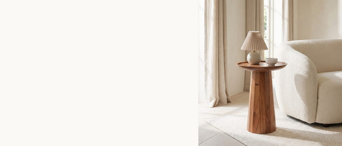 A tray on a slim acacia cone. - Sternatia Cognac Acacia Pedestal Side Table