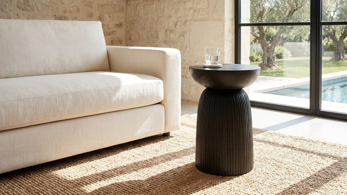 One black shape, finely lined. - Stigliano Black Mango Bell Pedestal Side Table