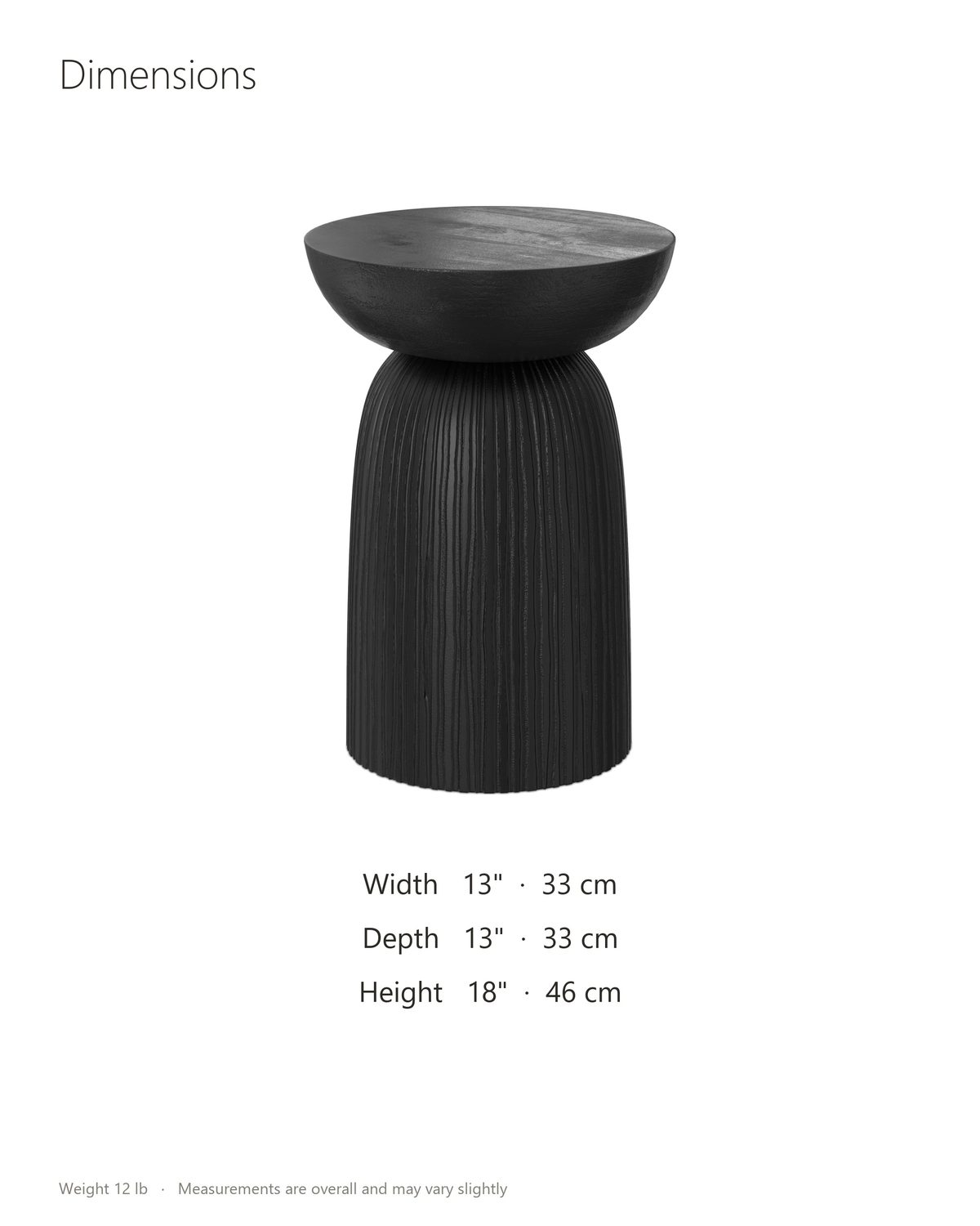 Stigliano Black Mango Bell Pedestal Side Table dimensions: 13 in wide, 13 in deep, 18 in high