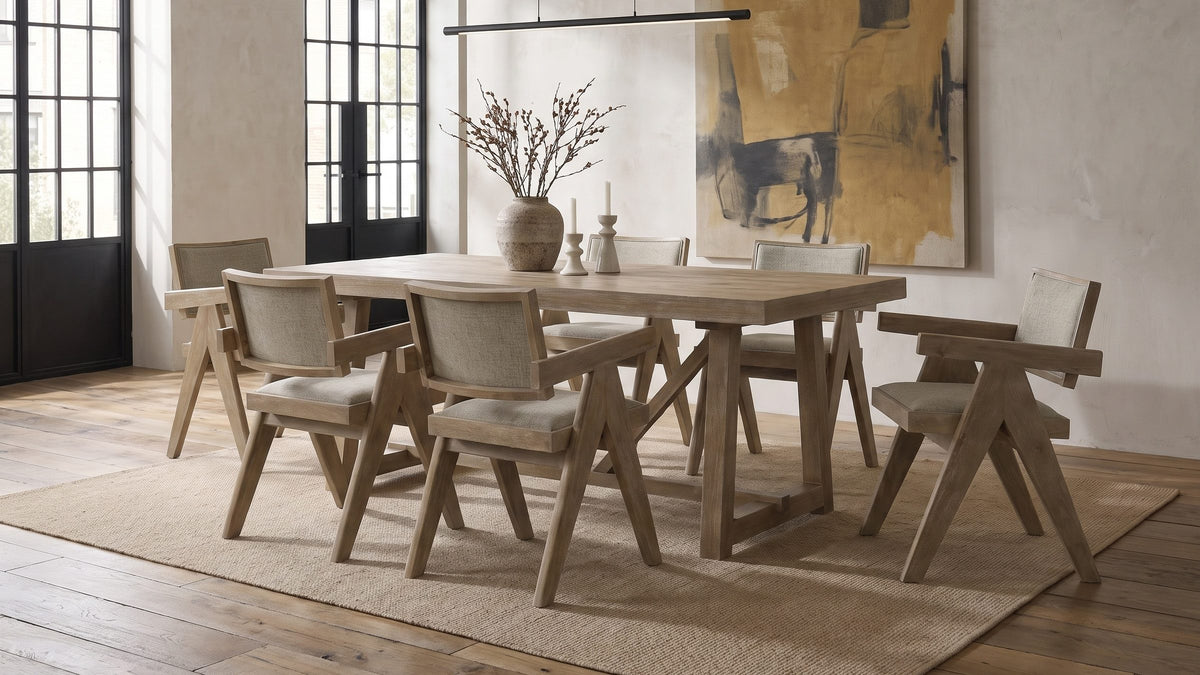 Weathered oak, soft greige. - Stilo 84-Inch Weathered Oak Trestle Dining Set with 6 Armchairs