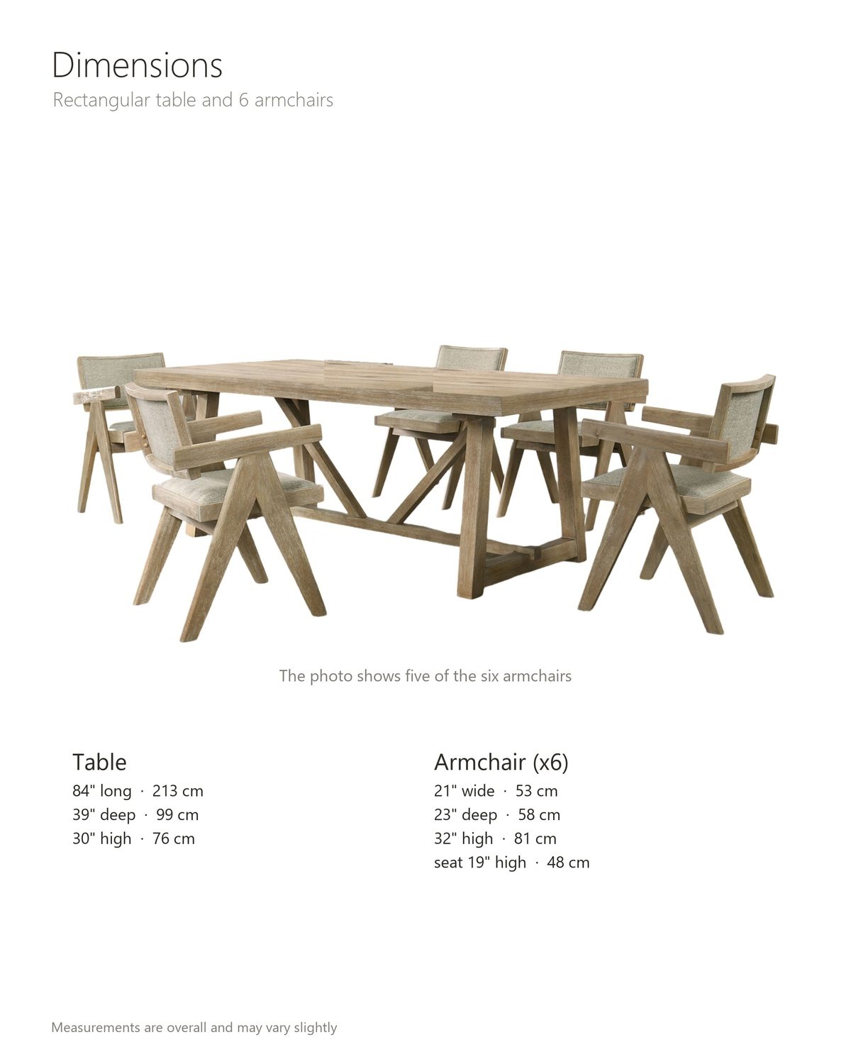Stilo dining set dimensions: rectangular table 84 in long, 39 in wide and 30 in high; each armchair 21 in wide, 23 in deep and 32 in high, seat 19 in high and 18 in deep