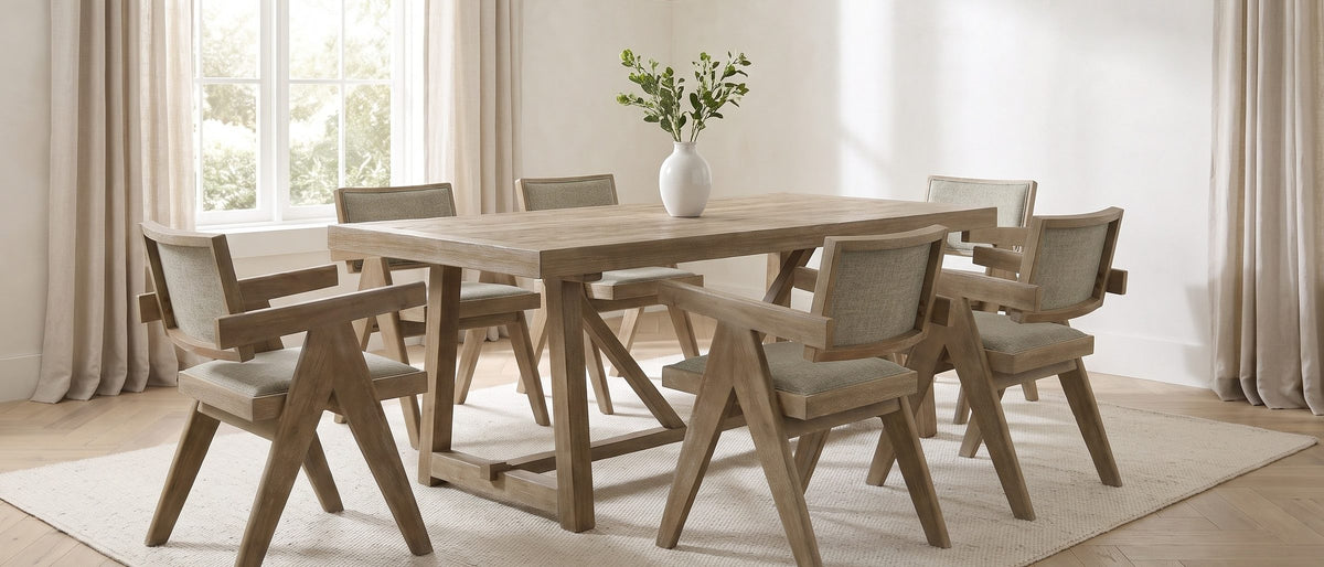 Stilo 84-Inch Weathered Oak Trestle Dining Set with 6 Armchairs in the room