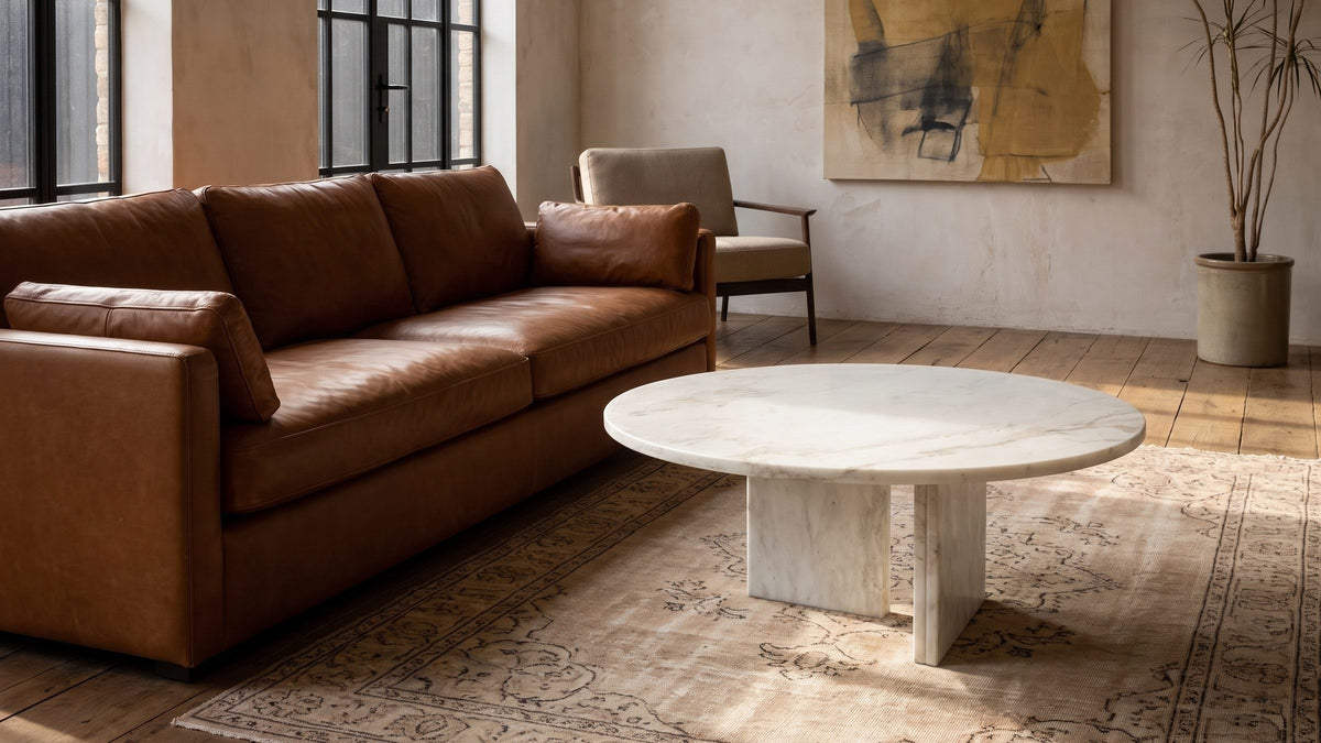 A soft white corner, completed. - Stintino White Marble Coffee Table