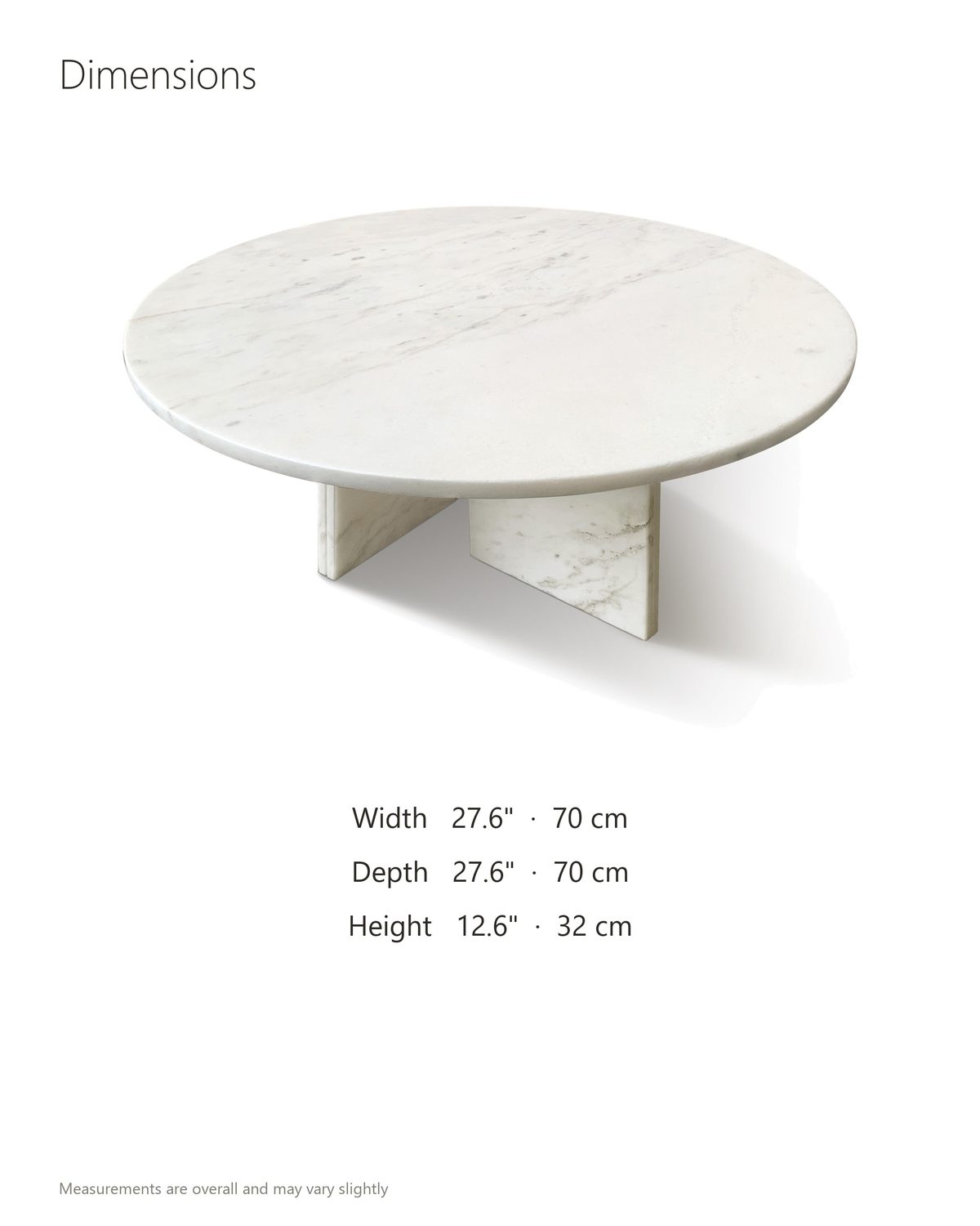 Stintino White Marble Coffee Table dimensions: 27.6 in wide, 27.6 in deep, 12.6 in high