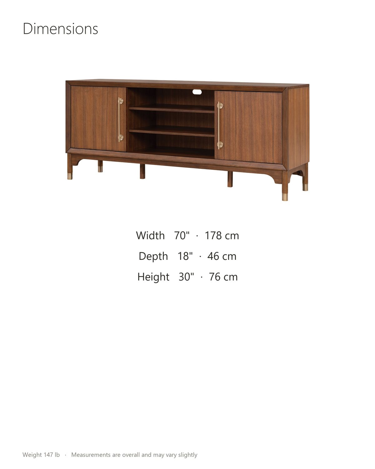 Stresa Walnut Media Console dimensions: 70 in wide, 18 in deep, 30 in high