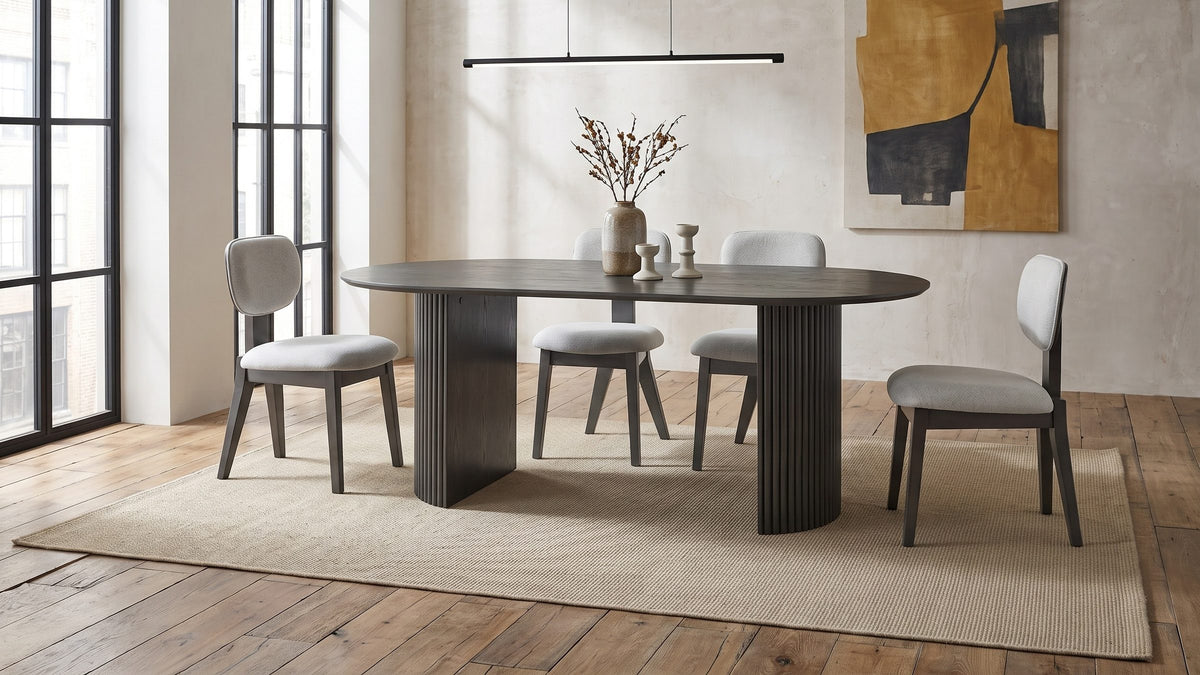 Grey oak, soft grey. - Strongoli 80-Inch Oval Fluted Pedestal Dining Set with 4 Chairs