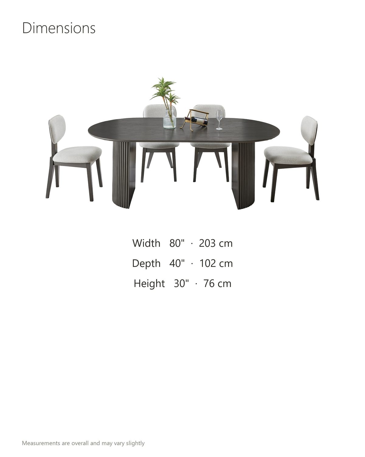 Strongoli 80-Inch Oval Fluted Pedestal Dining Set with 4 Chairs dimensions: table 80 in long, 40 in deep and 30 in high; each chair 19 in wide, 22 in deep and 34 in high, seat 19 in high
