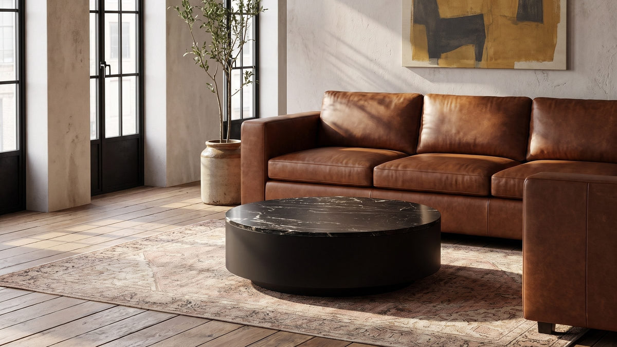 The centre, without the noise. - Taormina Black Marble Drum Coffee Table