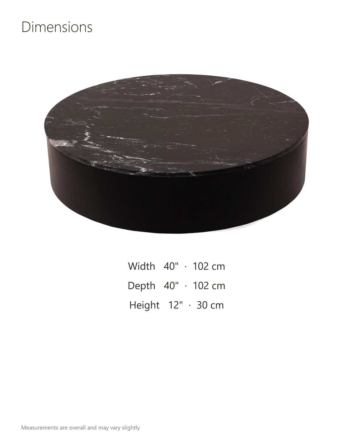 Taormina Black Marble Drum Coffee Table dimensions: 40 in wide, 40 in deep, 12 in high