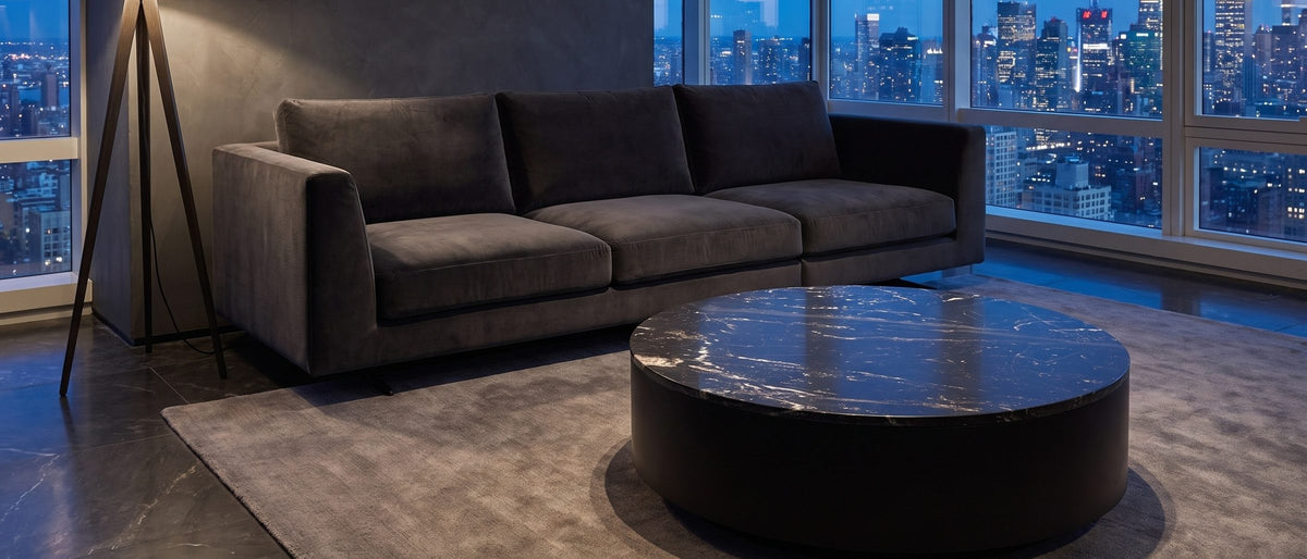 Taormina Black Marble Drum Coffee Table in the room