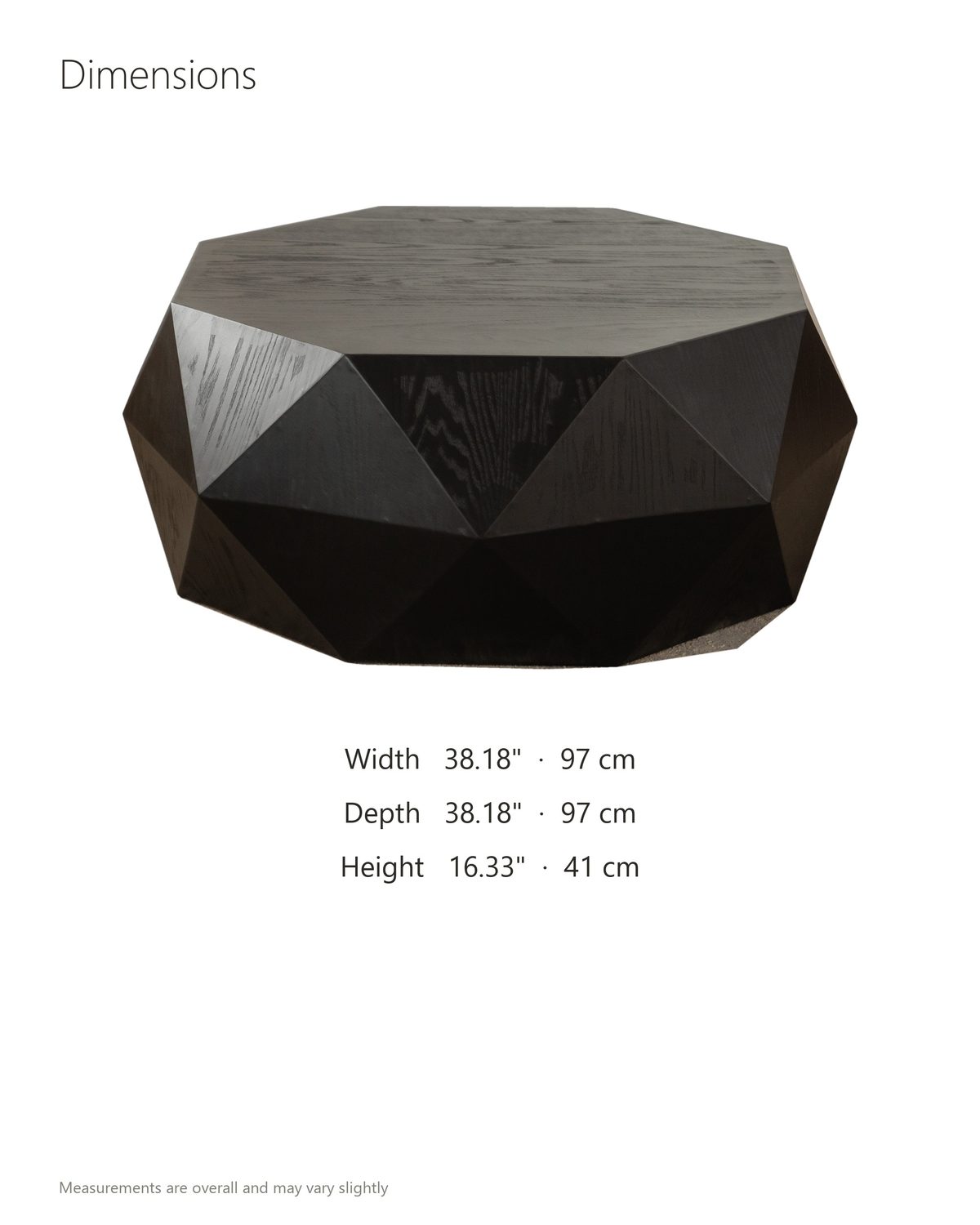 Taranto Black Faceted Drum Coffee Table dimensions: 38.18 in wide, 38.18 in deep, 16.33 in high