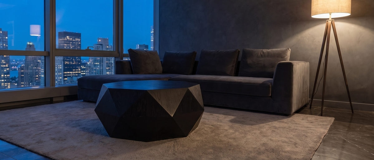 Taranto Black Faceted Drum Coffee Table in the room