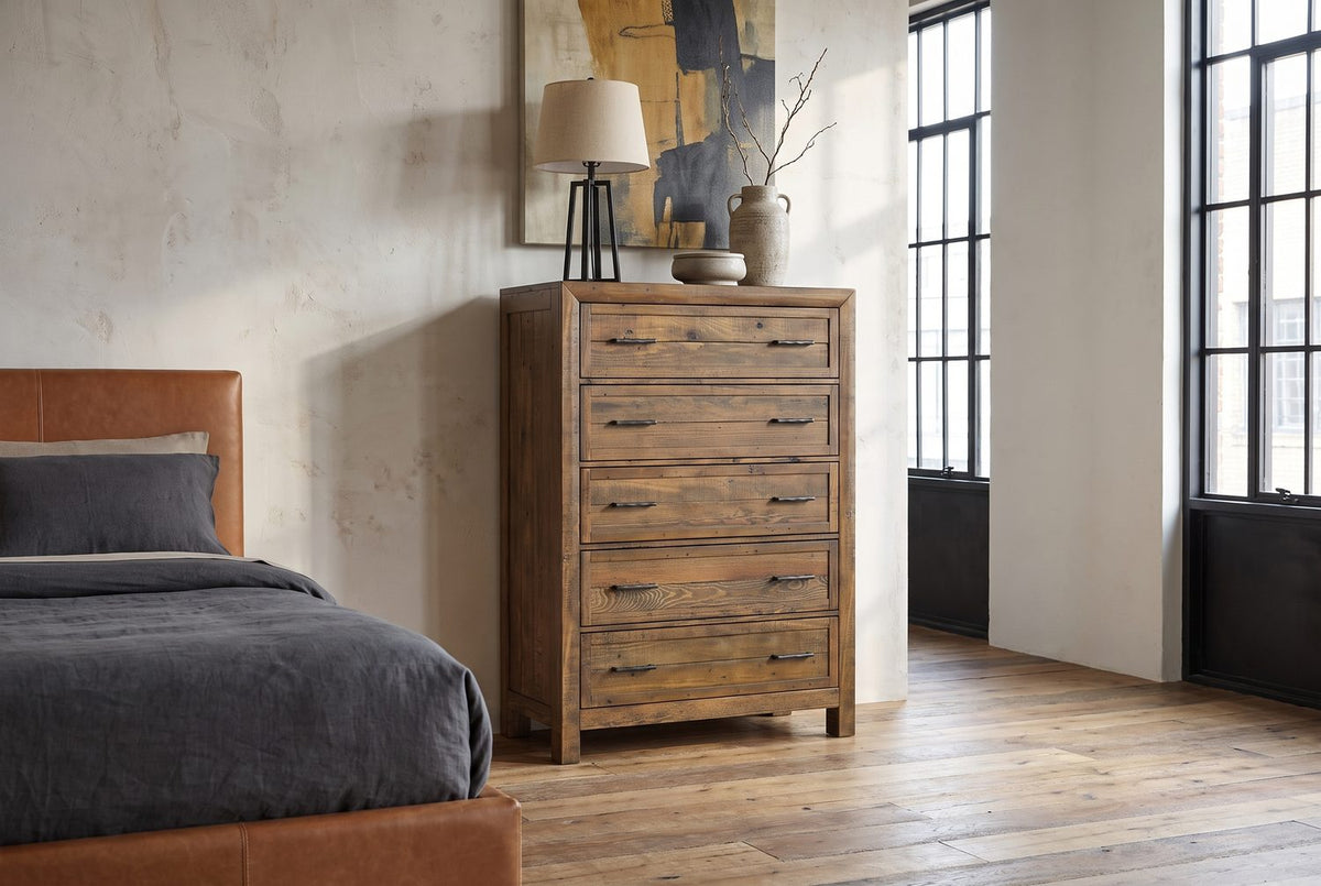 Warm wood, dark pulls. - Tarvisio 37-Inch Rustic Caramel 5-Drawer Chest