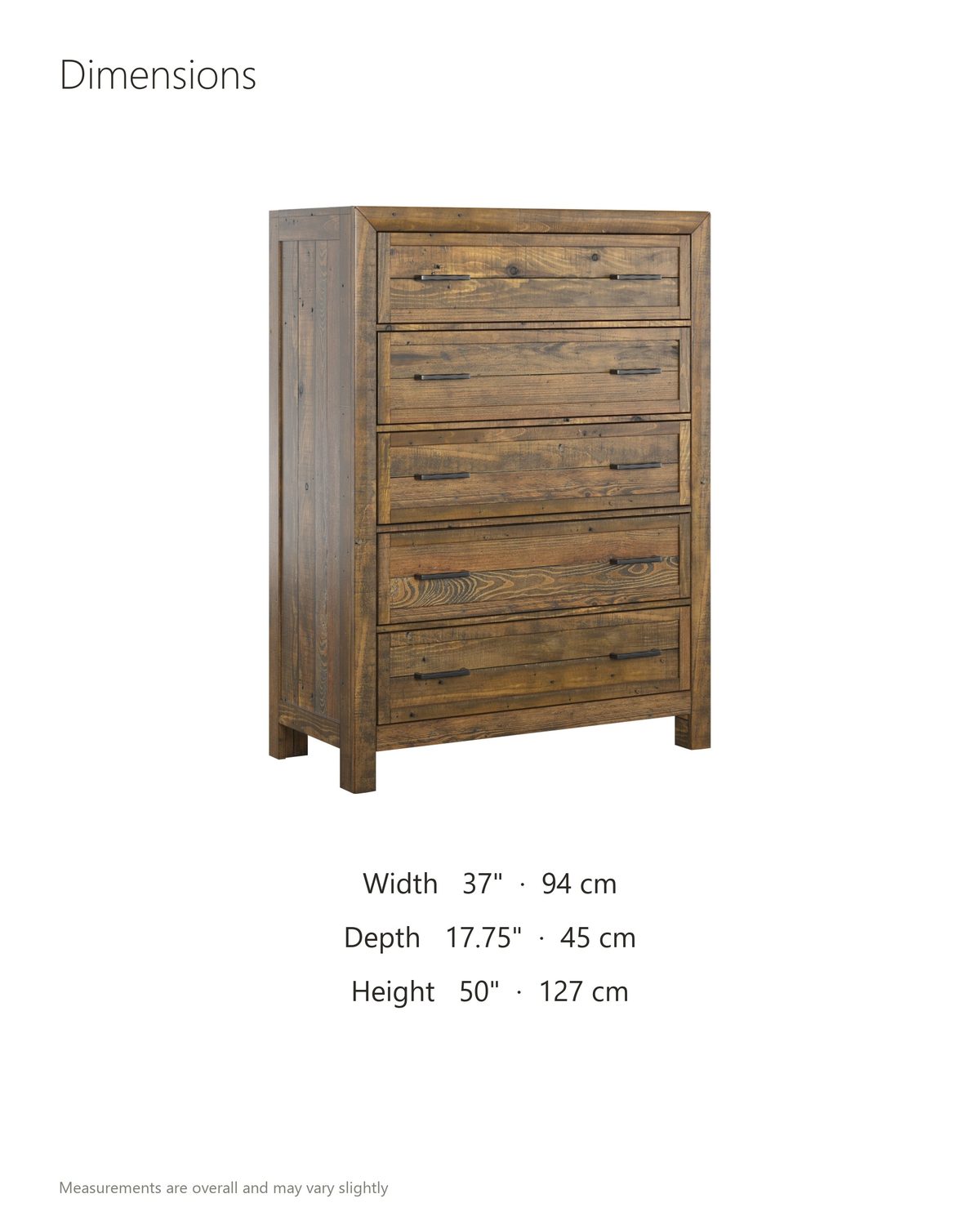 Tarvisio 37-Inch Rustic Caramel 5-Drawer Chest dimensions: 37 in wide, 17.75 in deep, 50 in high