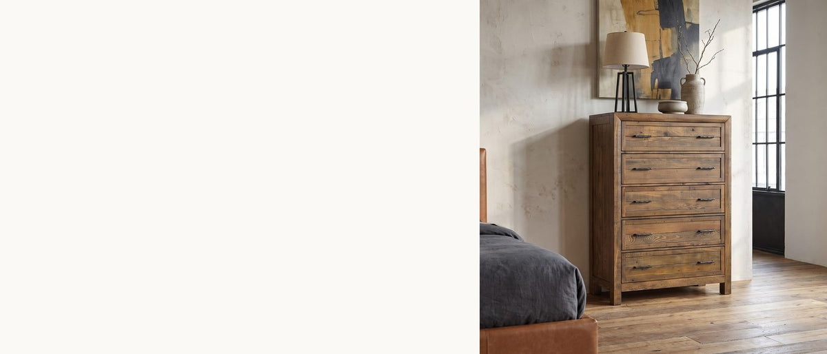 Rough-sawn planks, stacked tall. - Tarvisio 37-Inch Rustic Caramel 5-Drawer Chest