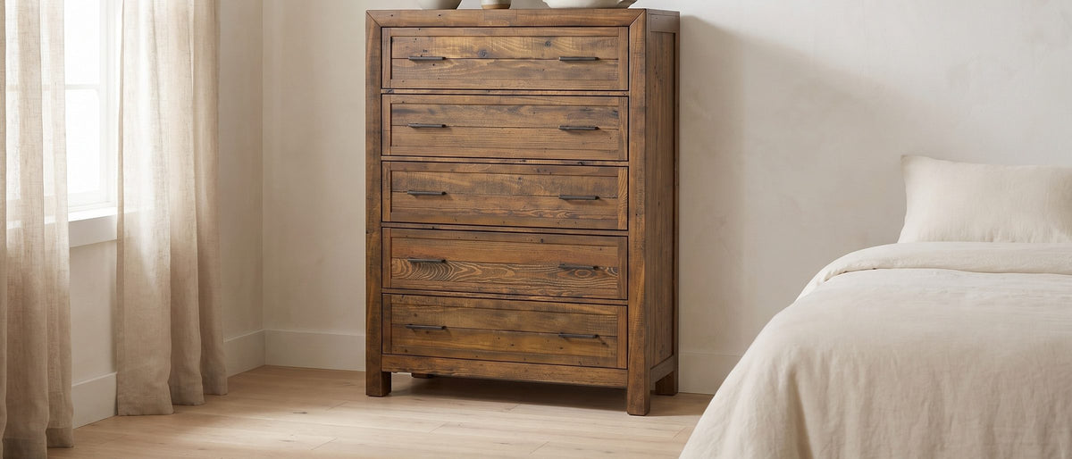 Tarvisio 37-Inch Rustic Caramel 5-Drawer Chest in the room