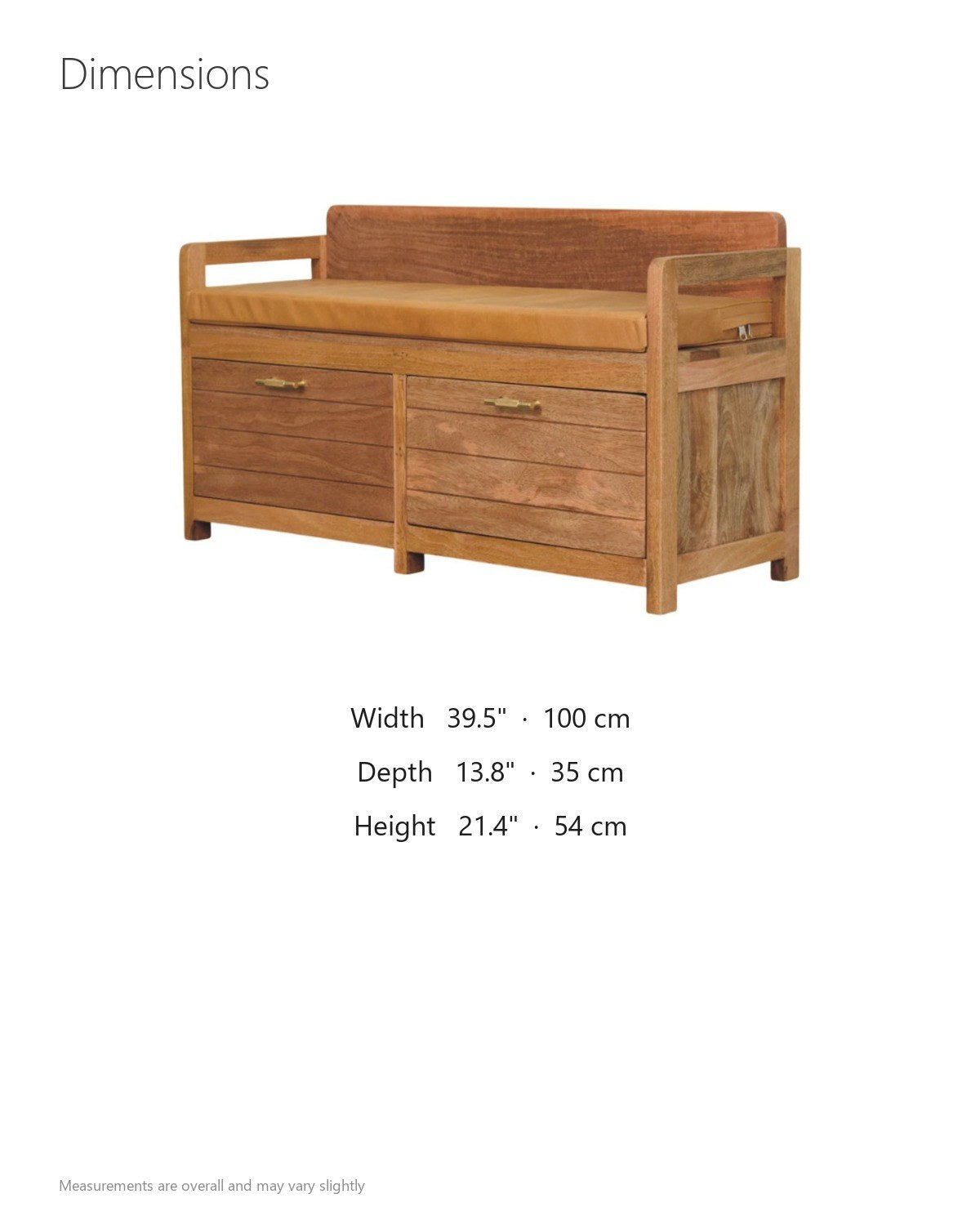 Taurianova 39.5-Inch 2-Drawer Solid Mango Storage Bench with Leather Cushion dimensions
