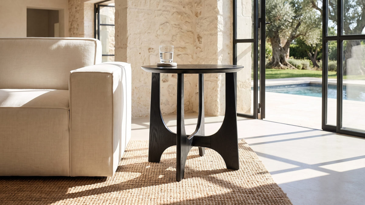 Graphic in black. - Taviano Black Wood Veneer Round Side Table