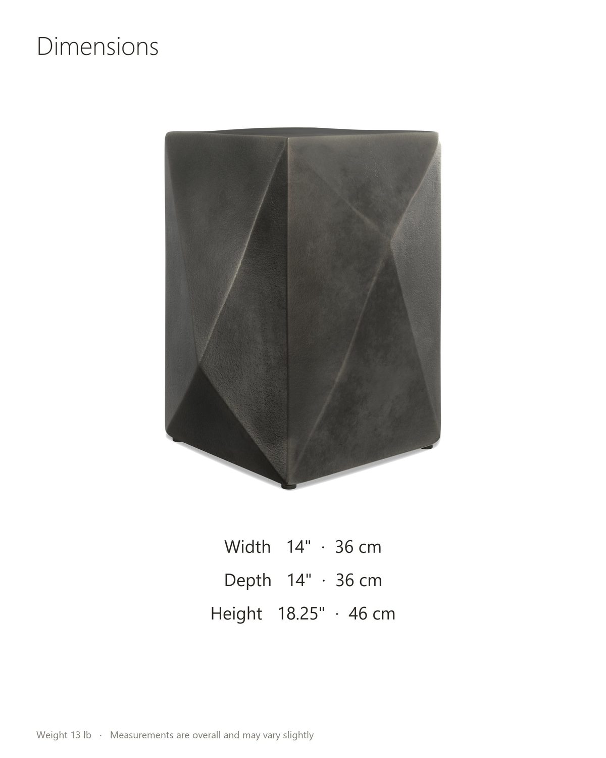 Terlizzi Graphite Cast Aluminum Faceted Side Table dimensions: 14 in wide, 14 in deep, 18.25 in high